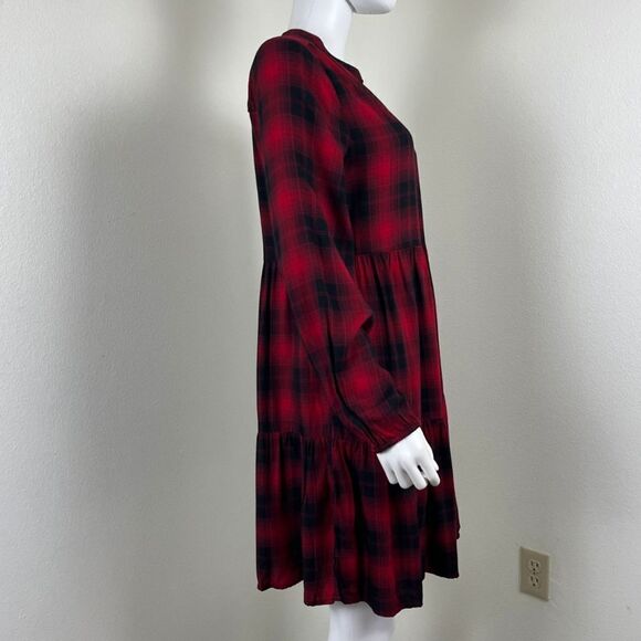 Knox Rose Womens Size M Red Plaid Long Sleeve Tiered Button Down Mini Dress - Picture 5 of 13